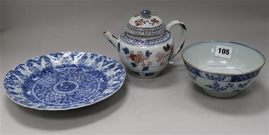 18th century Chinese porcelain: a blue and white plate, a bowl and an Imari teapot and cover